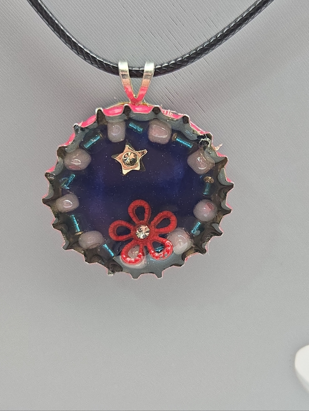 Handmade Star & Flower Necklace 🌸⭐ Blue Night Sky Upcycled Bottle Cap Pendant
